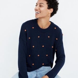 Madewell Navy Blue Cotton Sweater with Orange Dots